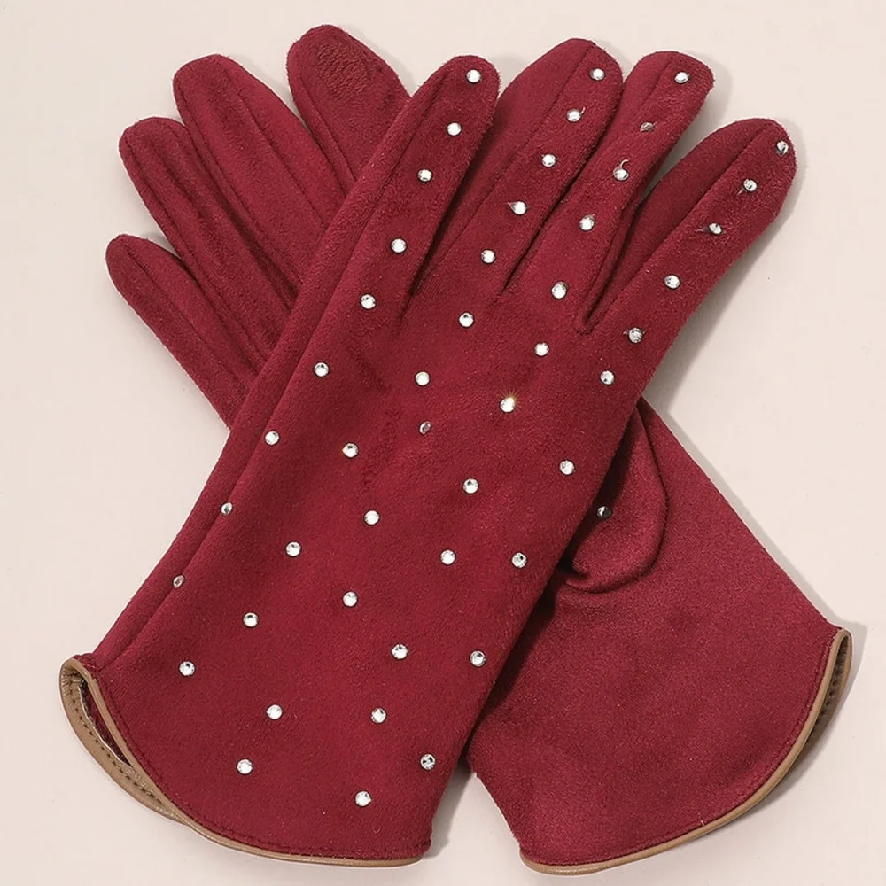 Burgundy Rhinestone Smart Touch Fur Gloves Cute Statement Accessories Trendy Red